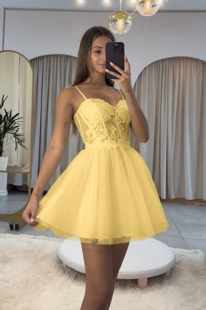 Dark Navy Spaghetti Strap Sleeveless Short A-Line Homecoming Dress With Appliques