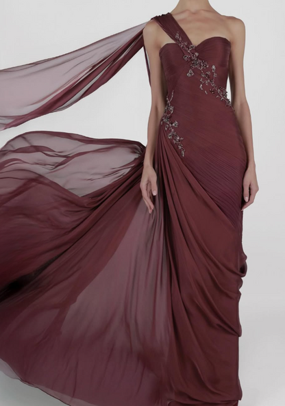 Light Pink Sheath One Shoulder Pleated Beaded Chiffon Prom Dress Wedding Guest Dress SH4699