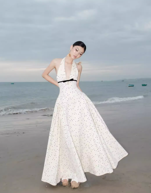 Retro A Line Halter Polka Dot Satin Open Back Prom Dress Evening Dress SH3113