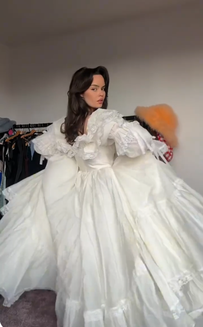 Princess A Line Long Sleeve White Satin Lace Birthday Dress Evening Dress SH2797