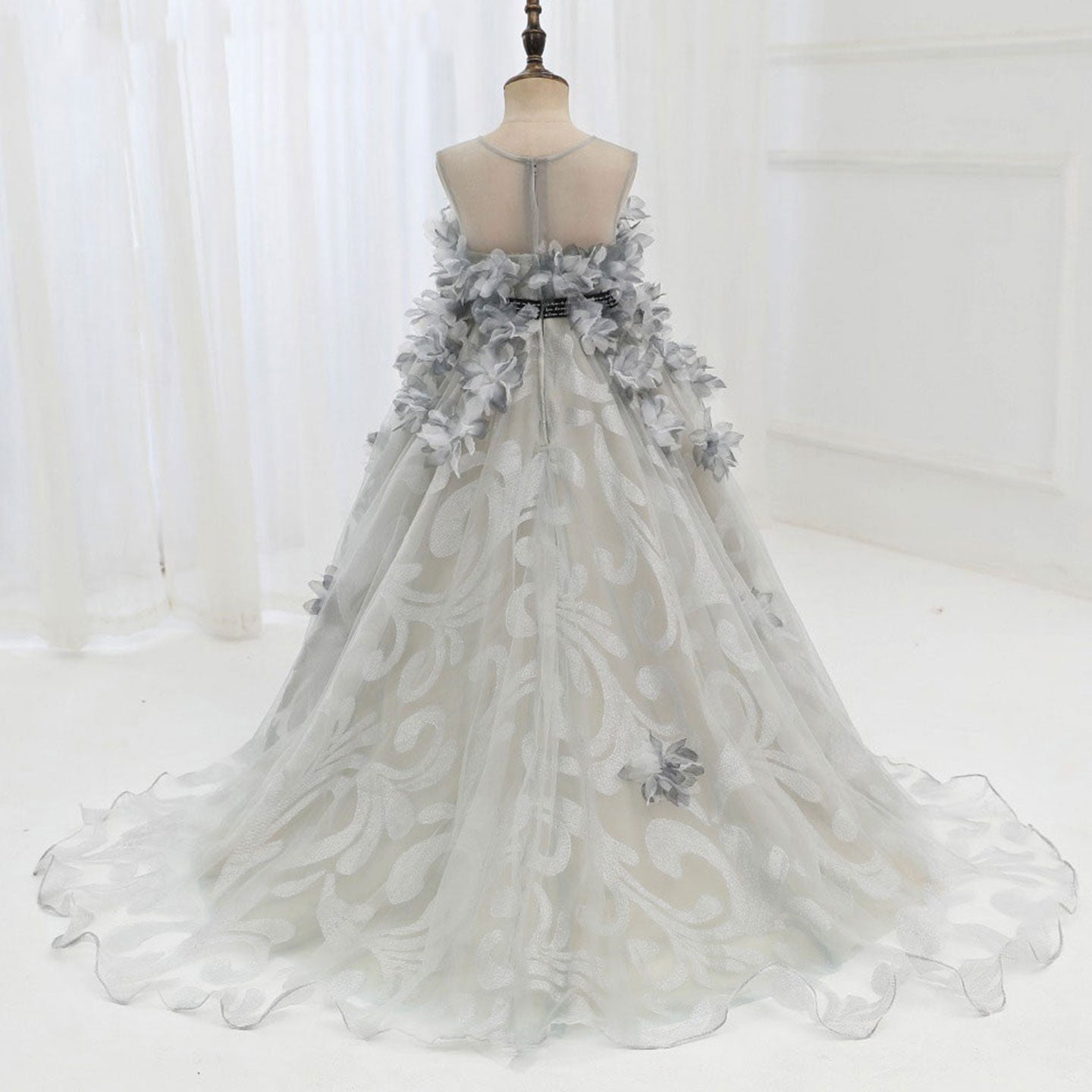 Luxury Gray Kids Girl Dress Handmade Flower Princess J018