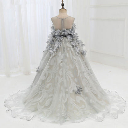 Luxury Gray Kids Girl Dress Handmade Flower Princess J018
