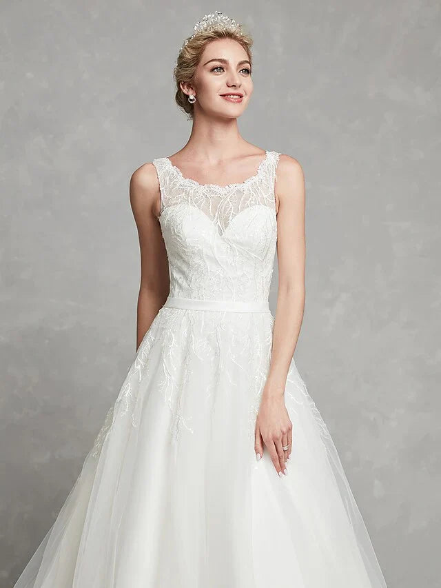 A-Line Wedding Dresses Scoop Neck Chapel Train Lace Tulle Regular Straps Formal Illusion Detail with Lace Sash Ribbon