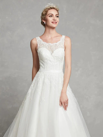 A-Line Wedding Dresses Scoop Neck Chapel Train Lace Tulle Regular Straps Formal Illusion Detail with Lace Sash Ribbon