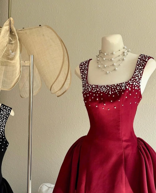 Cute A Line Strap RhineStone Burgundy Satin Short Party Dress Homecoming Dress SH2820