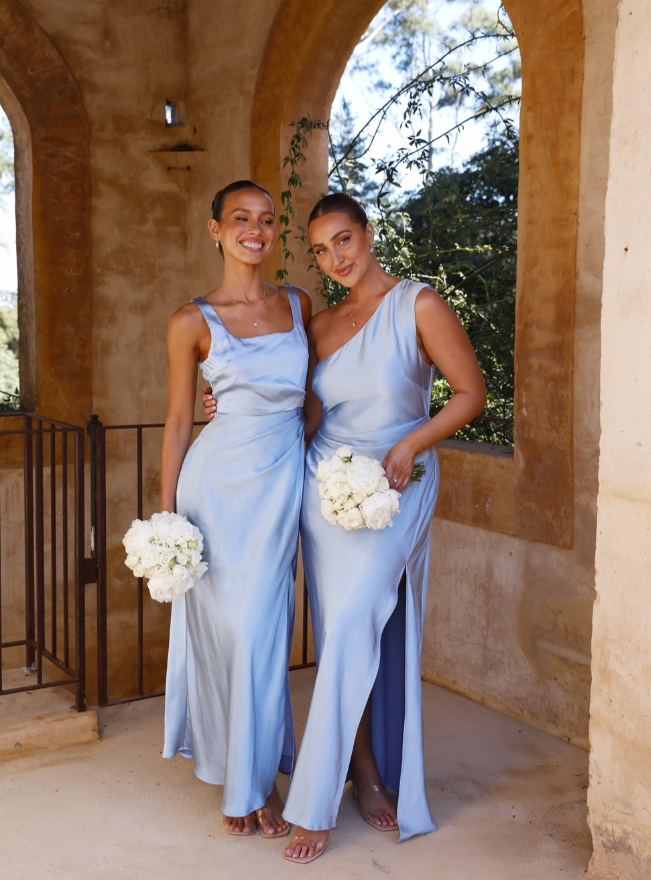 Gentle Sheath Strap Blue Satin Evening Dress Bridesmaid Dress with Slit SH2698