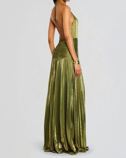 Charming Green Halter Sleeveless Backless Split Prom Dress with Pleated | Zelldresses