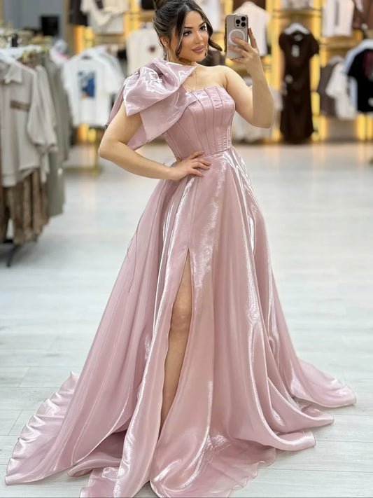 Glamorous Pink One Shoulder Sleeveless Split Prom Dress with Bow | Zelldresses