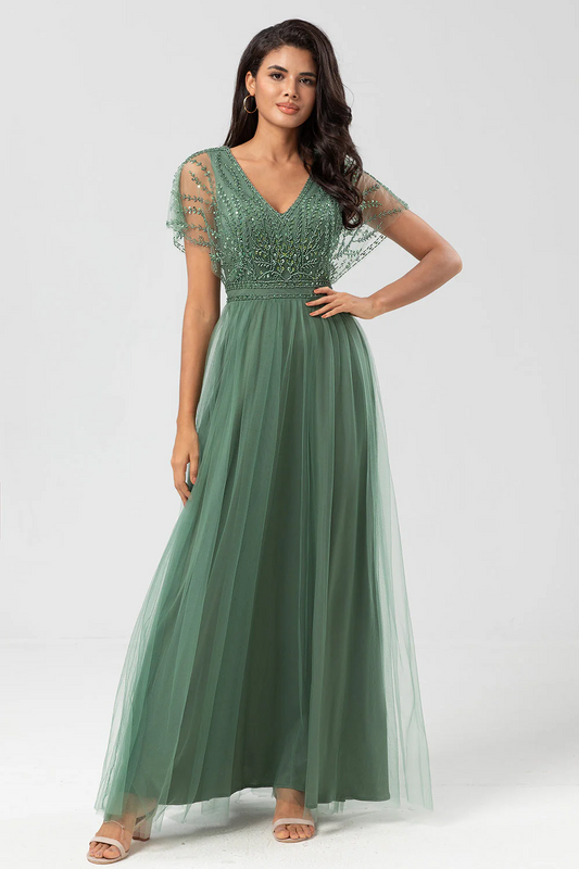 Green V Neck A Line Ankle Length Bridesmaid Dress with Lace YU0058