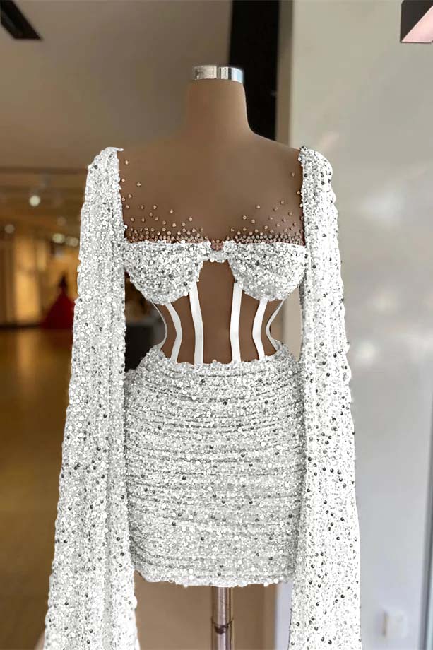 Hellodresses Sequins Square Long Sleeves Pleated Short Homecoming Dress With Beadings