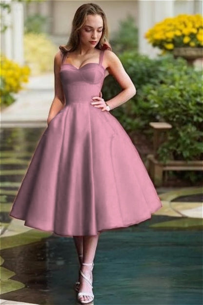 Red Satin Sweetheart Spaghetti Strap A Line Mid Homecoming Dress with Ruffles HC0037