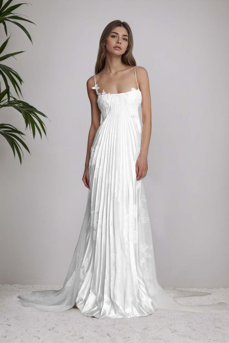 Stunning Spaghetti-Straps Pleated Sheath Appliques Prom Dress With Detachable Train XJ0176