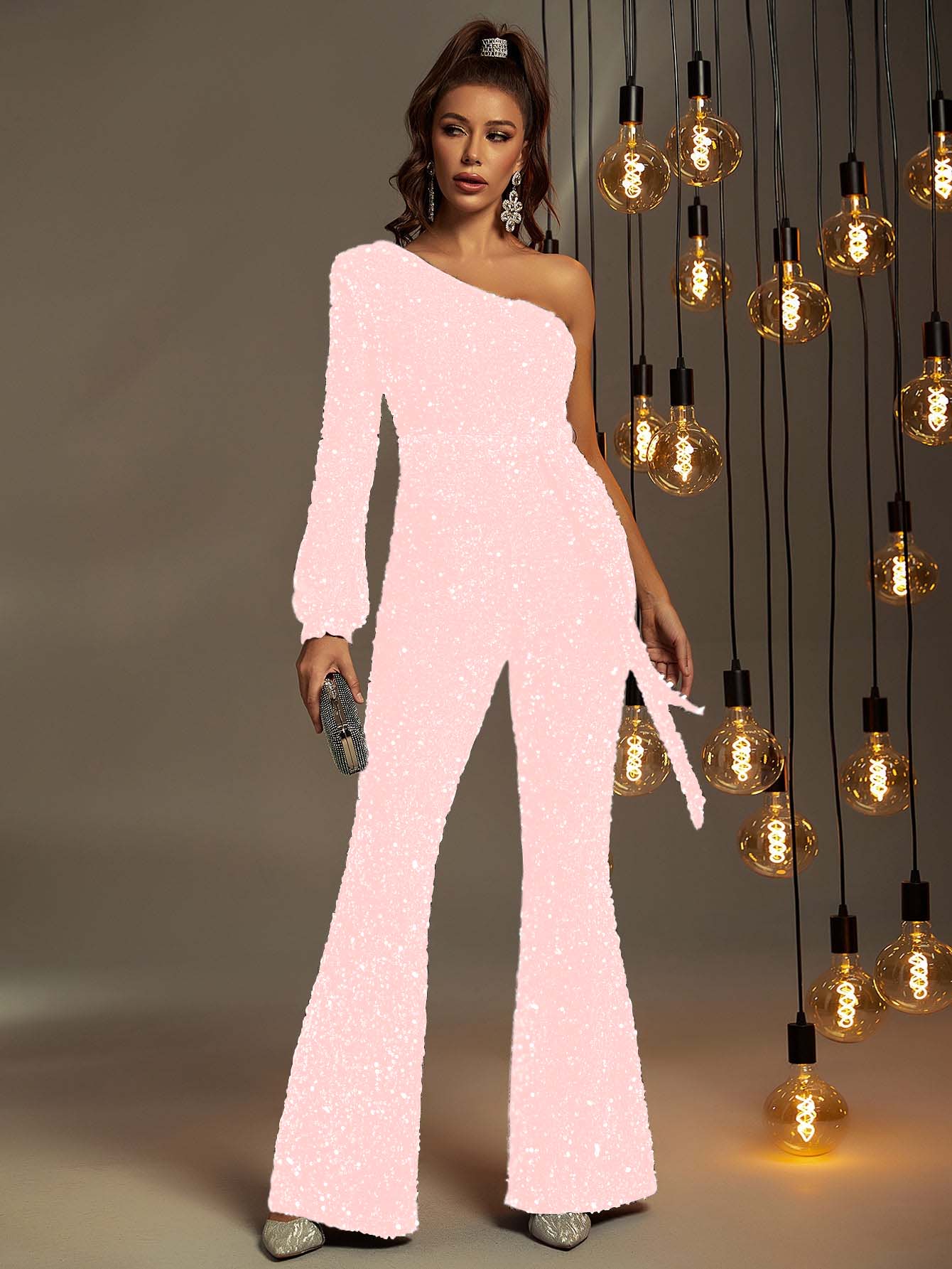 Hellodresses Shining Sequins One Shoulder Long Sleeve High Waist Long Wid-Leg Jumpsuit