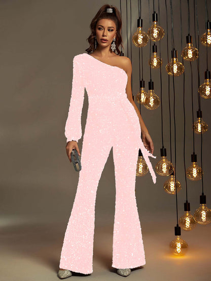 Hellodresses Shining Sequins One Shoulder Long Sleeve High Waist Long Wid-Leg Jumpsuit