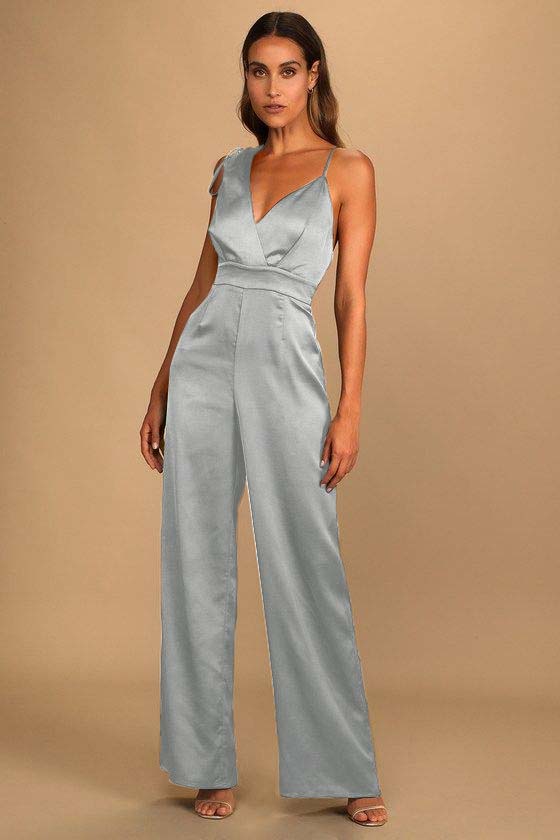 Hellodresses Chic Satin Dark Green Spaghetti Strap Sleeveless V-Neck Wide Leg Jumpsuit