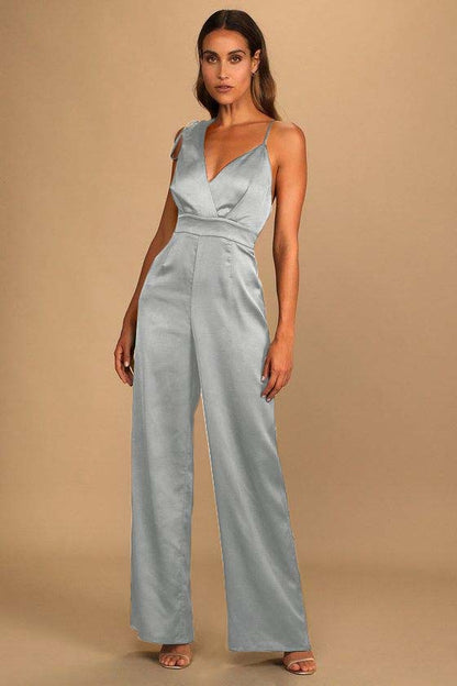Hellodresses Chic Satin Dark Green Spaghetti Strap Sleeveless V-Neck Wide Leg Jumpsuit