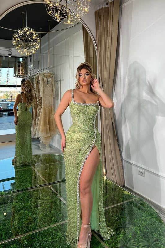 Sexy Green Prom Dress Sleeveless Spaghetti Strap with High Slit & Beaded Details CL0053