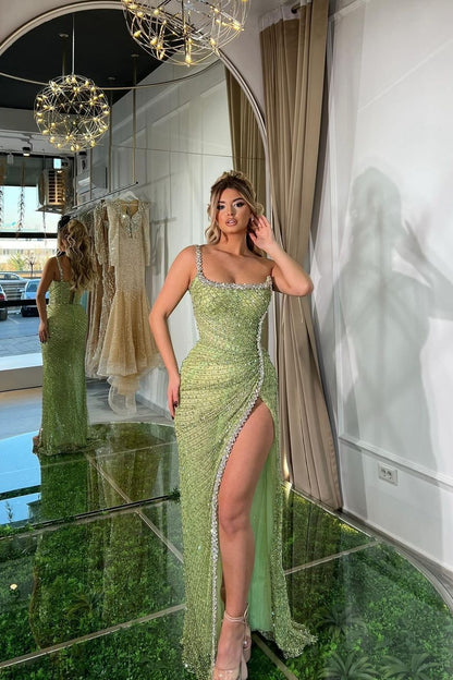 Sexy Sleeveless Spaghetti Strap Green Prom Dress With High Slit And Beads Online |  Zelldresses