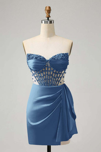 Strapless Sleeveless Pleated Short Homecoming Dress With Beading HC0131