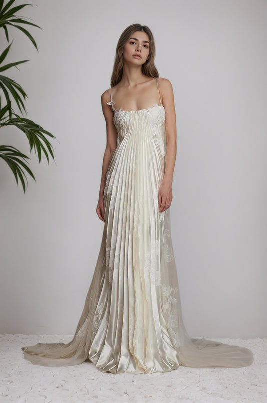 Stunning Spaghetti-Straps Pleated Sheath Appliques Prom Dress With Detachable Train XJ0176