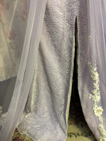 Lilac A Line Sweetheart Neck Beaded Satin Lace Prom Dresses Long Evening Party Dress SH2708