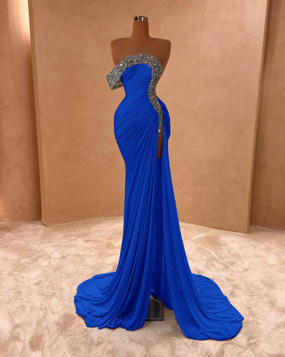 One Shoulder Sleeveless Long Split Prom Dress With Pleated Sequins ZC0079