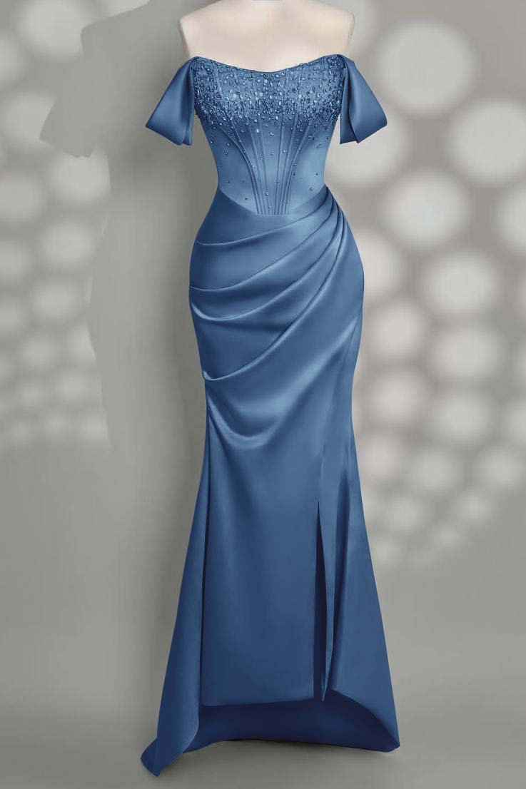 Charming Taupe Satin Off the Shoulder Strapless Long Split Prom Dress with Beadings | Zelldresses