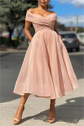 Dusty Pink Off the Shoulder Sleeveless Pleated A-Line Mid Homecoming Dress HC0004