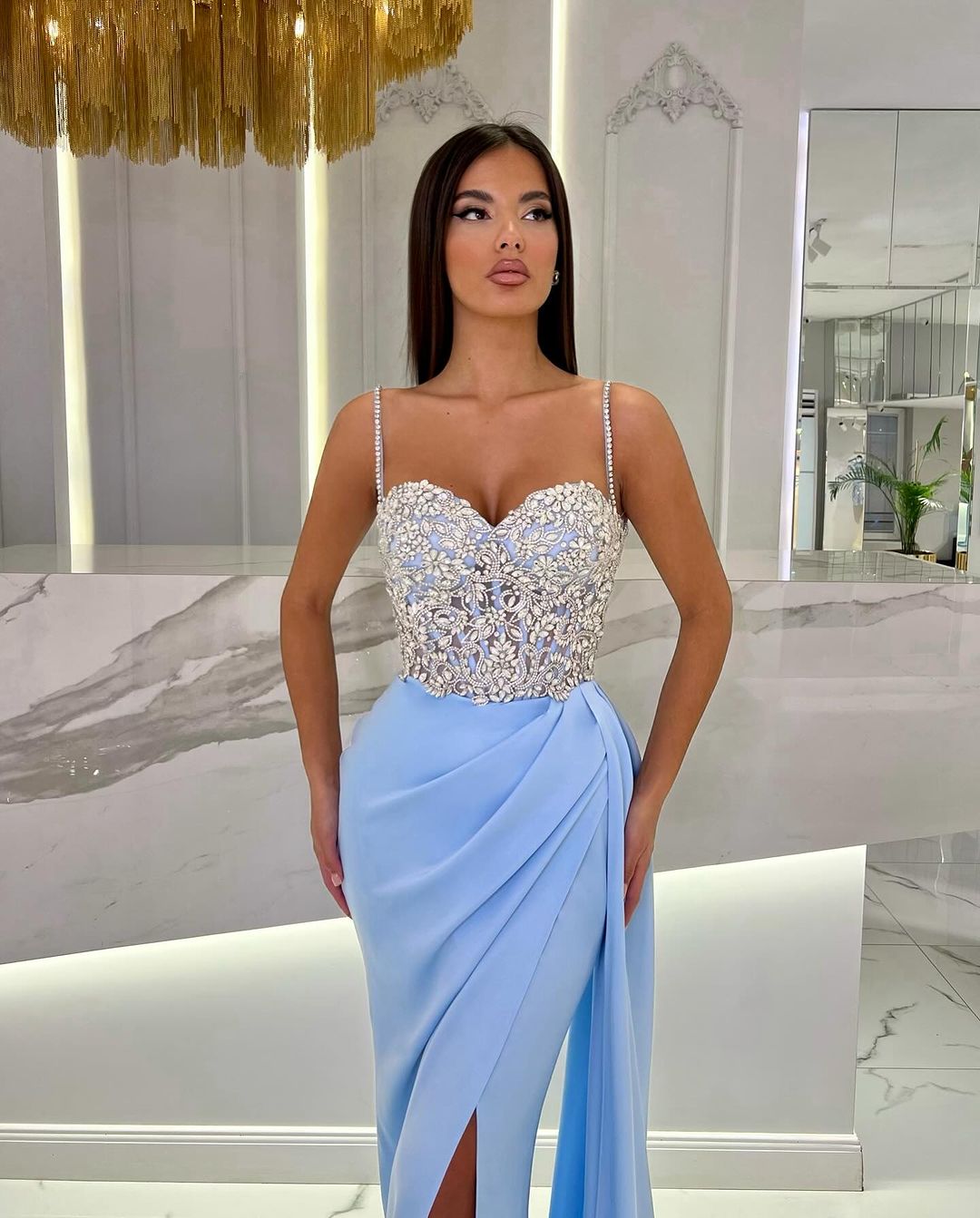 Baby Blue Prom Dress With High Slit Spaghetti Strap Sweetheart Appliques YL0309
