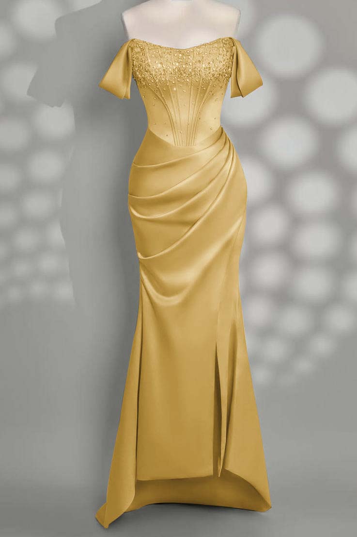 Charming Taupe Satin Off the Shoulder Strapless Long Split Prom Dress with Beadings | Zelldresses