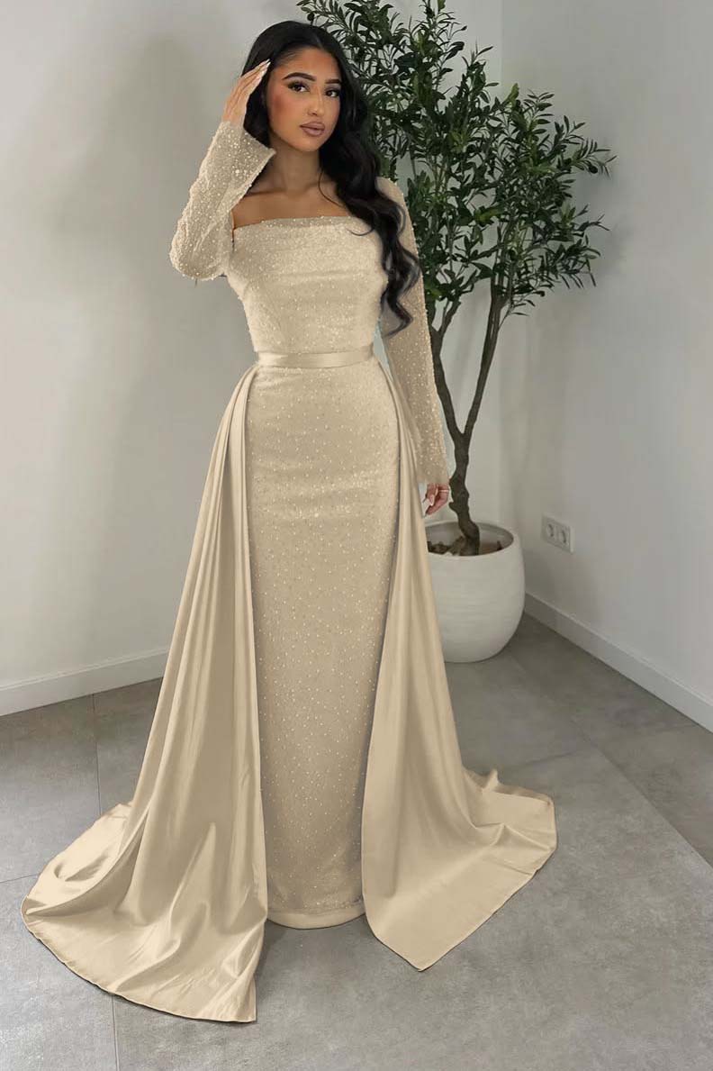 Long Sleeves Square Neck Long Mermaid Prom Dress With Beading HS0005