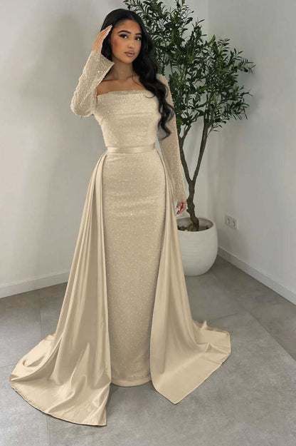 Long Sleeves Square Neck Long Mermaid Prom Dress With Beading HS0005