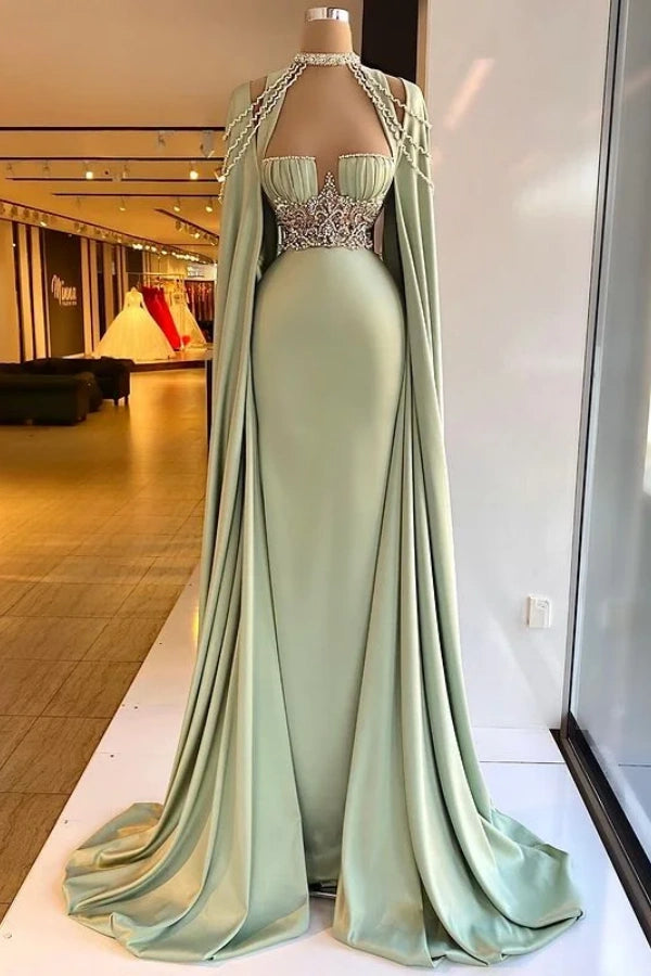 Elegant Halter Green Prom Dress Long Shawl Mermaid Dress HT0051