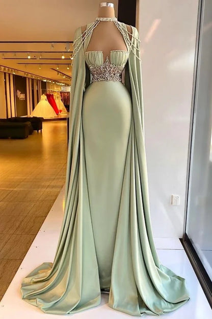 Elegant Halter Green Prom Dress Long Shawl Mermaid Dress HT0051