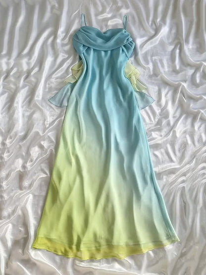 Unique A Line Spaghetti Strap Orange Pink Ombre Chiffon Evening Dress Party Dress SH2678