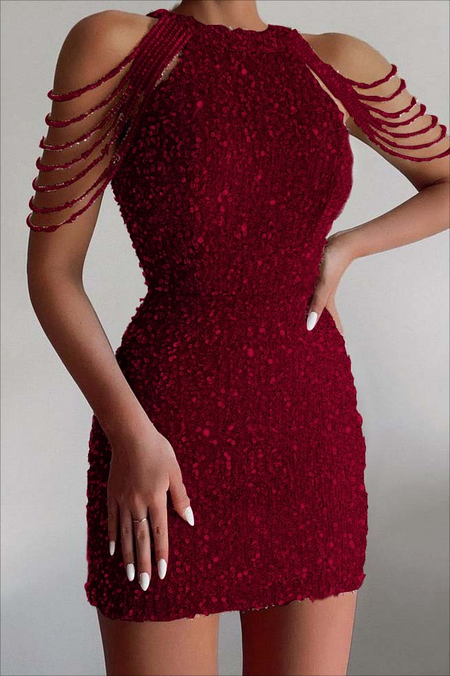 Chic Champagne Sequins Jewel Neck Sleeveless Short Homecoming Dress With Beadings HC0027