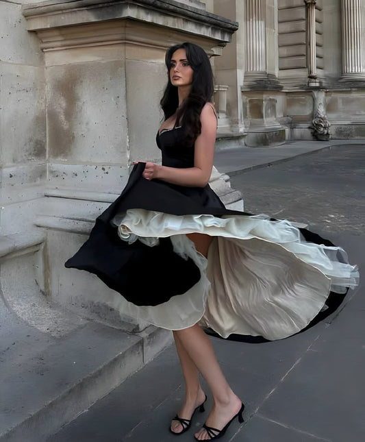 Princess Cute A Line Spaghetti Strap Black Satin White Tulle Party Dress Evening Dress SH2844