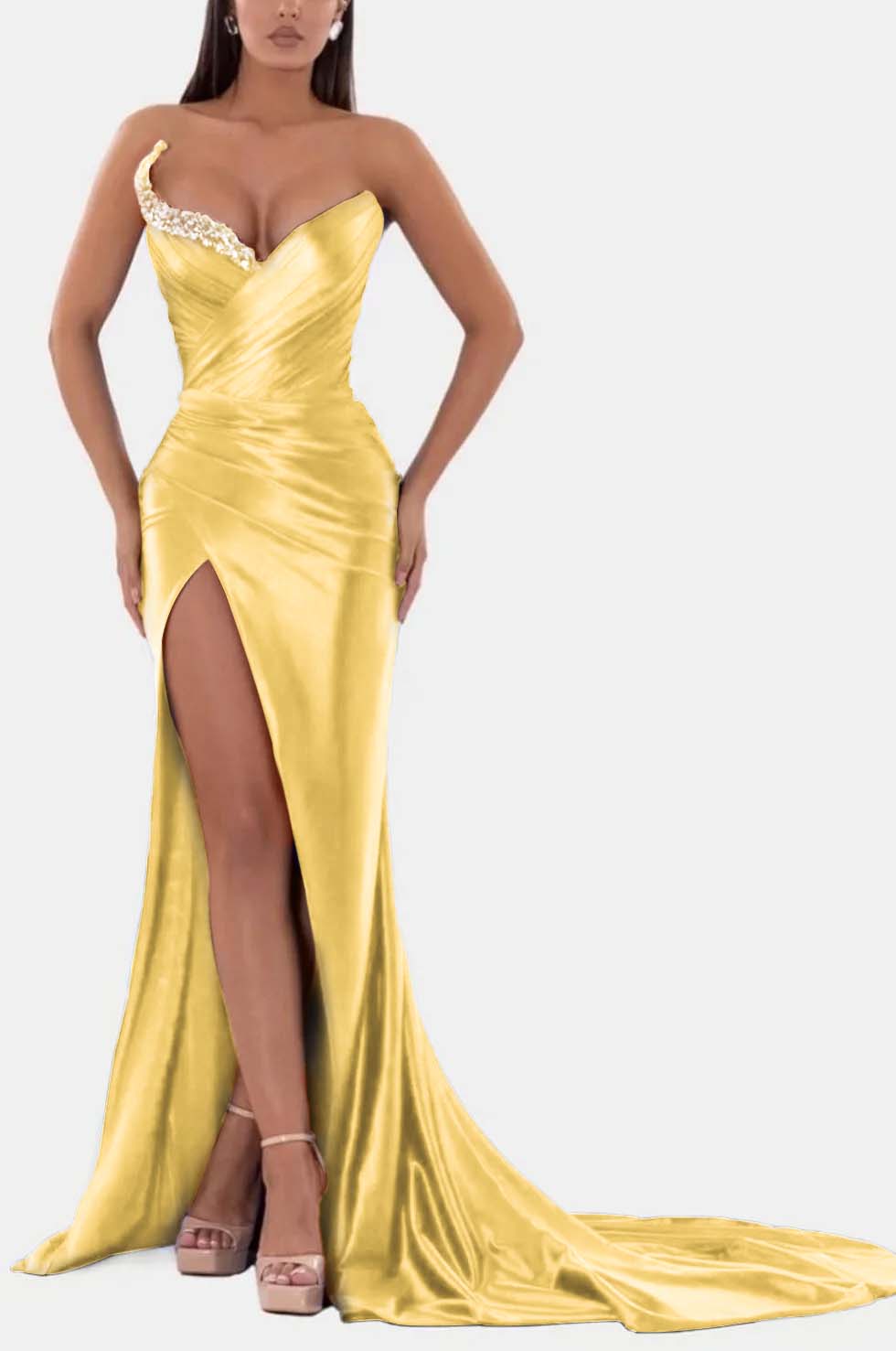 Sexy Blue Prom Dress V Neck With High Slit Pleated Strapless Sleeveless YL0328