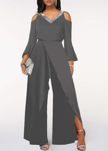 Hellodresses Black V Neck Ruffled Sleeves High Waist Split Wide Leg Jumpsuit with Beadings