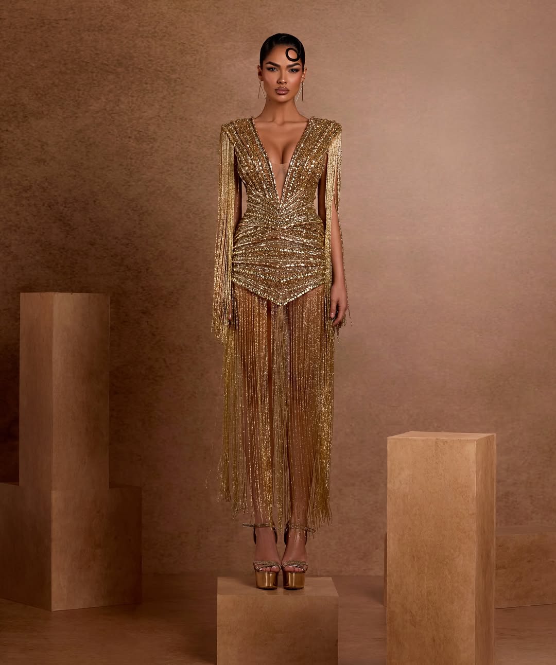 Glamorous Gold Deep V-Neck Fringe Sequins Mini Homecoming Dress YK0203