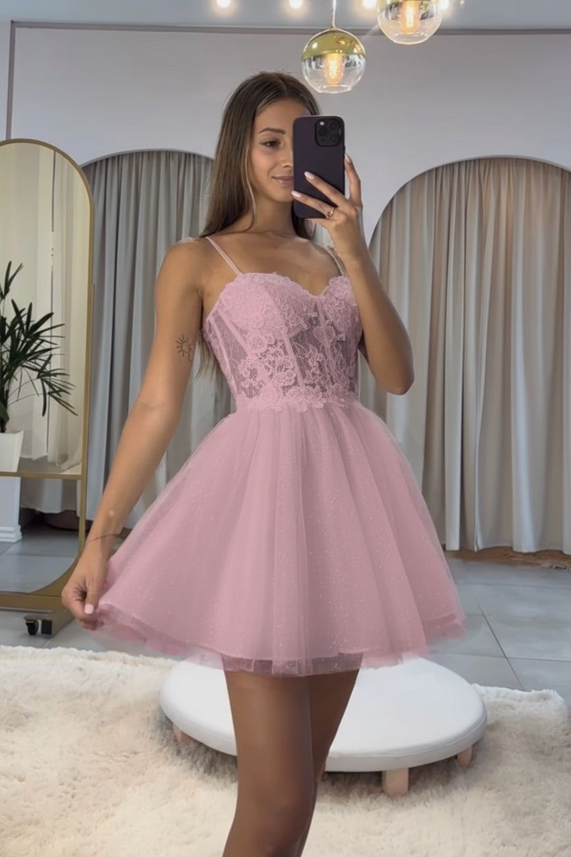 Dark Navy Spaghetti Strap Sleeveless Short A-Line Homecoming Dress With Appliques