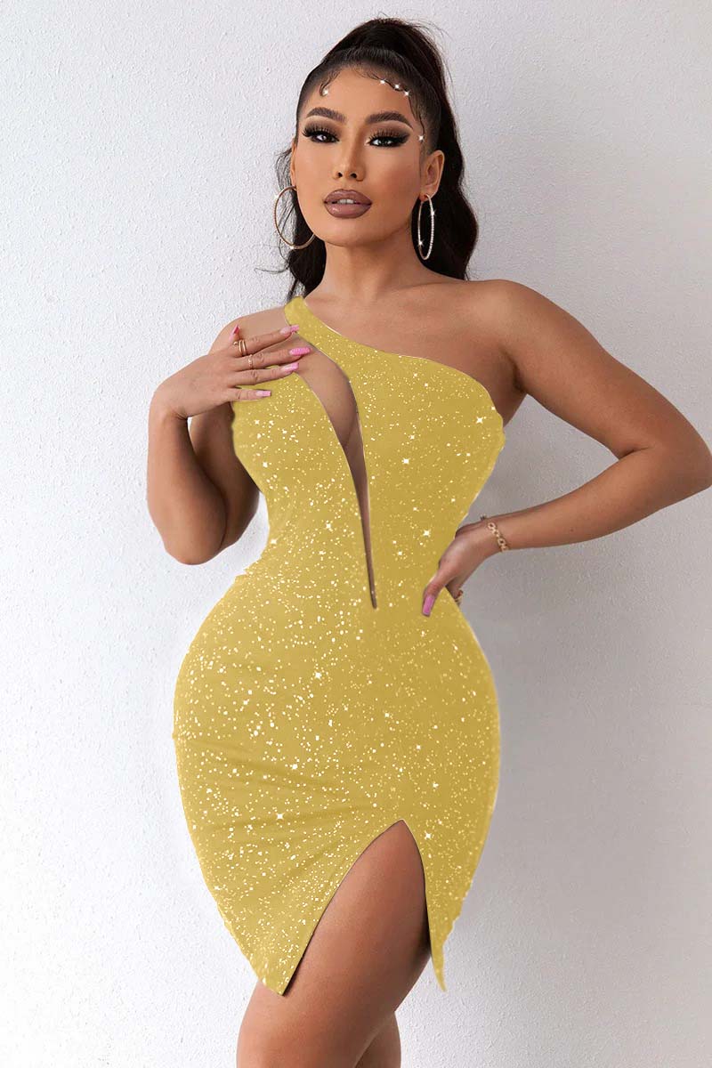 Hellodresses Black One Shoulder Sleeveless Short Homecoming Dress Sequins With Split