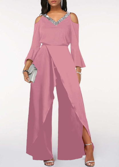 Hellodresses Black V Neck Ruffled Sleeves High Waist Split Wide Leg Jumpsuit with Beadings