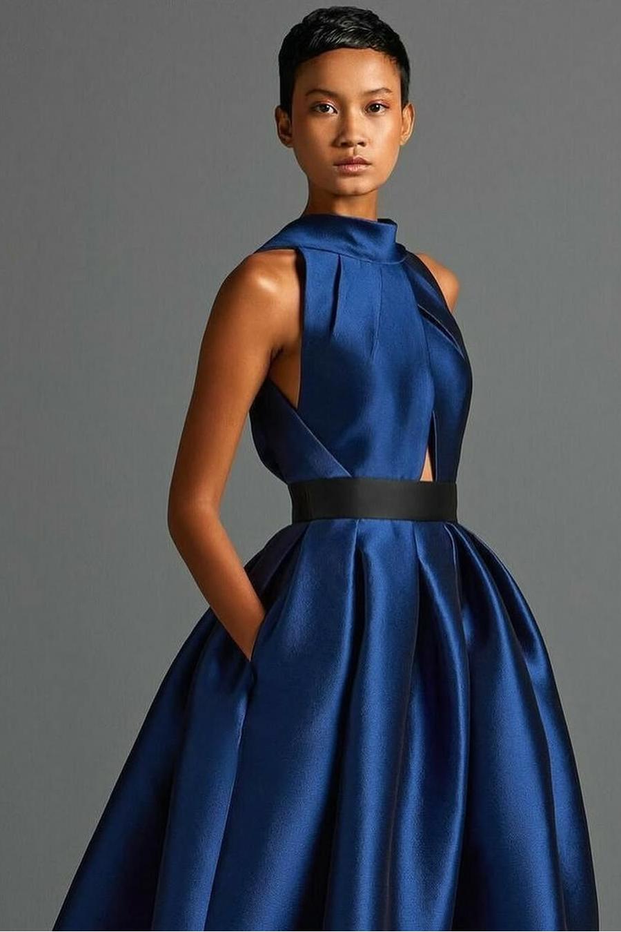 Exquisite Royal Blue Satin Halter Strapless Sleeveless A Line Prom Dress with Pleated | Zelldresses