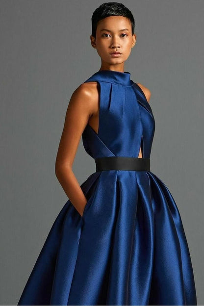 Exquisite Royal Blue Satin Halter Strapless Sleeveless A Line Prom Dress with Pleated | Zelldresses