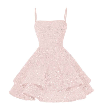Light Pink Sequins Spaghetti Strap Sleeveless Short Homecoming Dress with Ruffles YO070