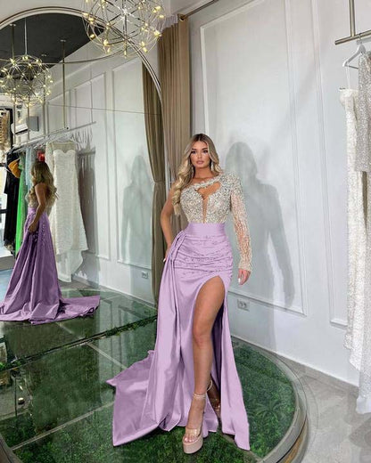 Hellodresses Chic One Shoulder Long Sleeve Pleated Split Prom Dress With Beadings