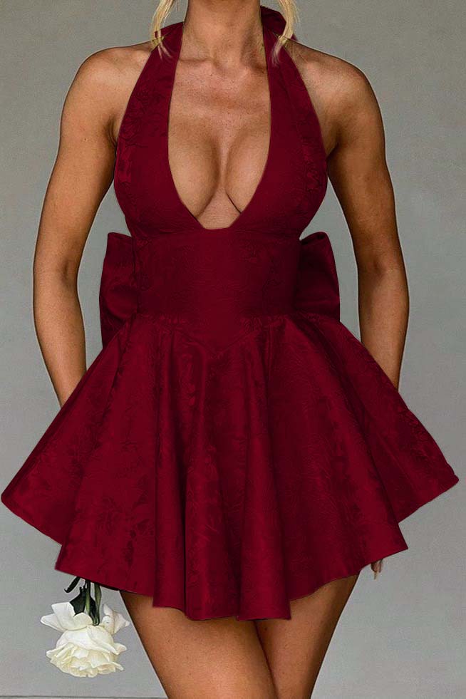 Halter Sleeveless Short Homecoming Dress With Bowknot Embroidery HC0168