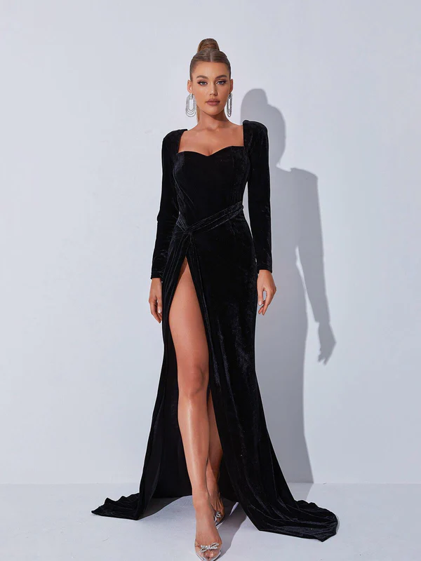 Black Prom Dress Velvet Long Sleeves With High Slit Halter YL0275