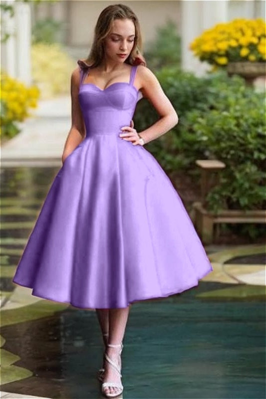 Red Satin Sweetheart Spaghetti Strap A Line Mid Homecoming Dress with Ruffles HC0037
